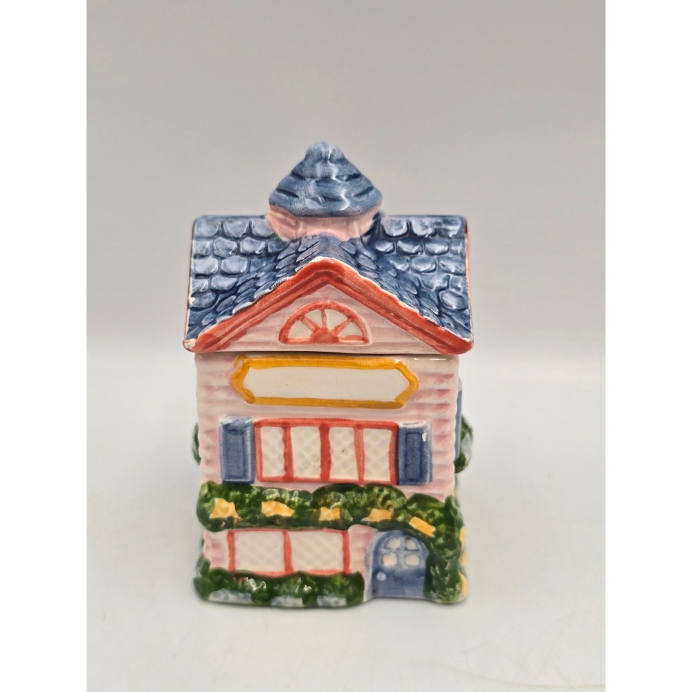 Avon Ceramic Cottage Spice Jar Small Pink House‎ Blue Roof Good Vintage 3.5in